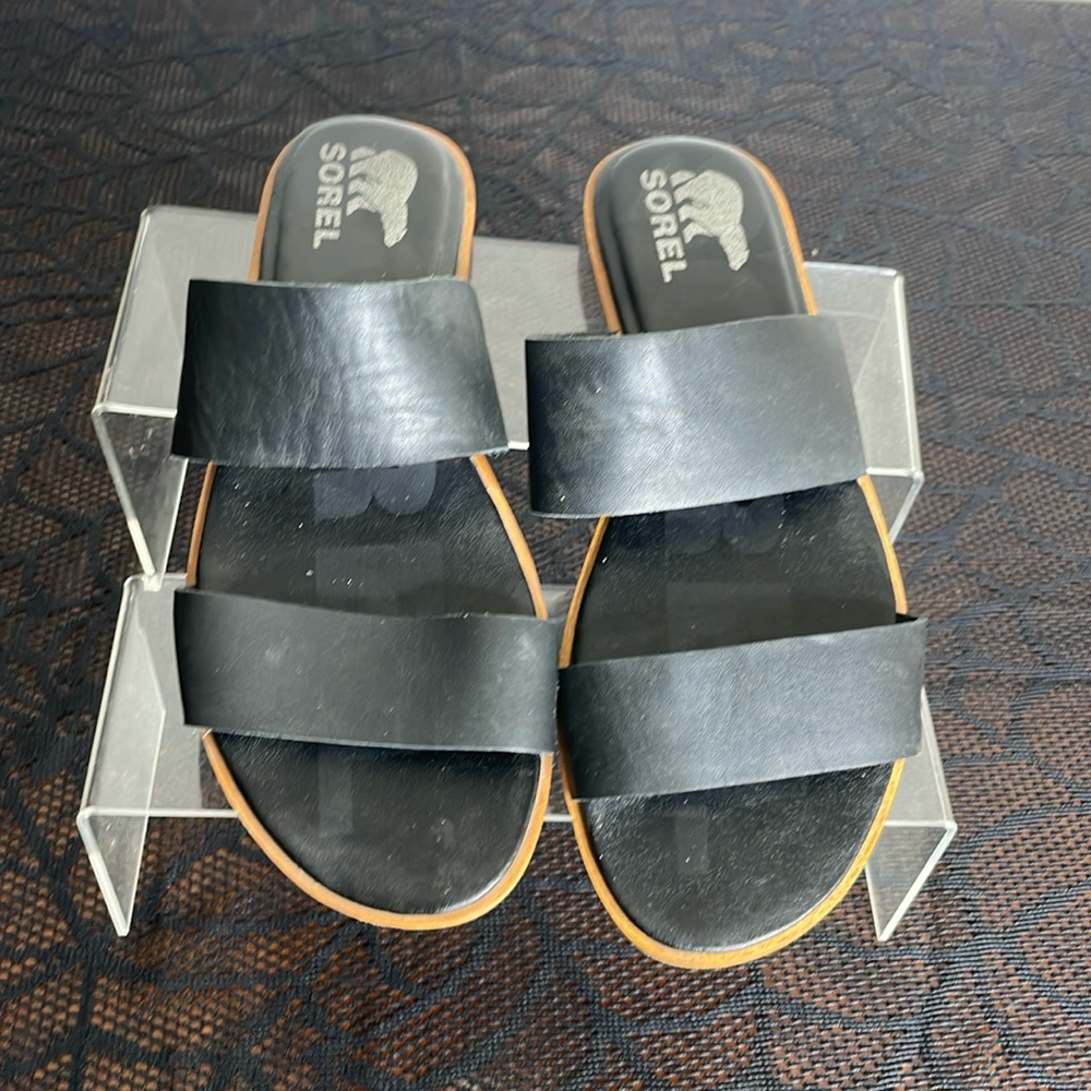 Sorel Ella 2 Strap Black Leather Slip on Sandals Women’s Size 9 EU 40